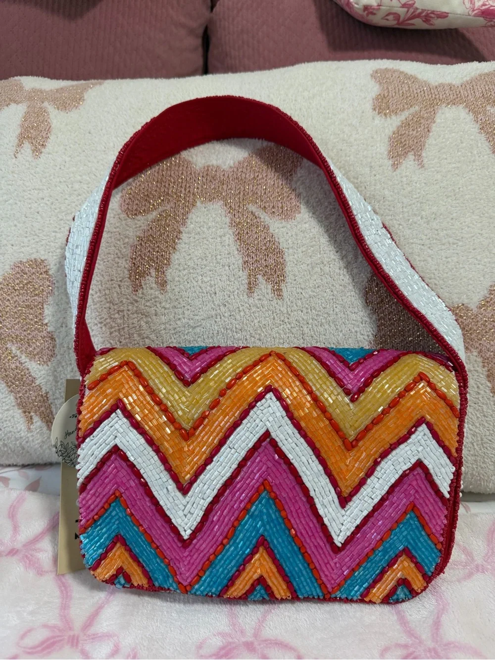 Colorful Beaded Chevron Shoulder Bag in Red, Pink, Orange, Blue & White